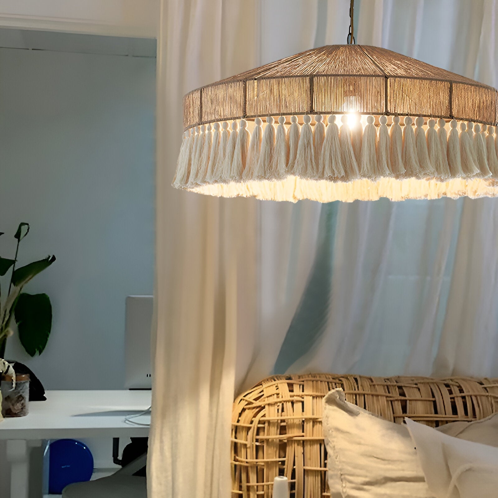 Pendant Light Hemp Rope 19.7 in Bohemian Beige Dining Room Bedroom Tassel Hanging Ceiling Lamp Woven Fabric Shade Ambient Lighting | Thomler