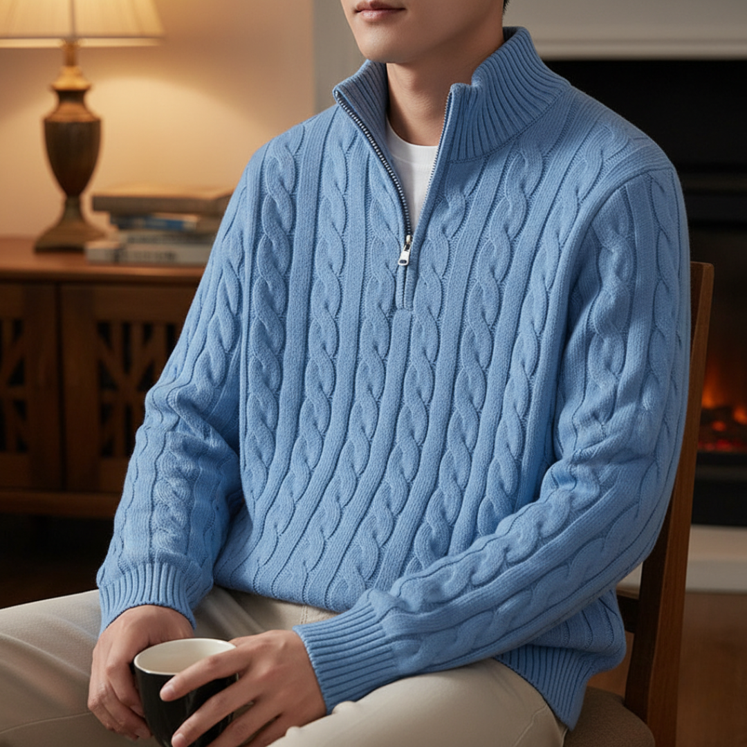 Cable-Knit Quarter-Zip Sweater for Men – 100% Cotton Stand-Collar Pullover for Fall & Winter | Thomler