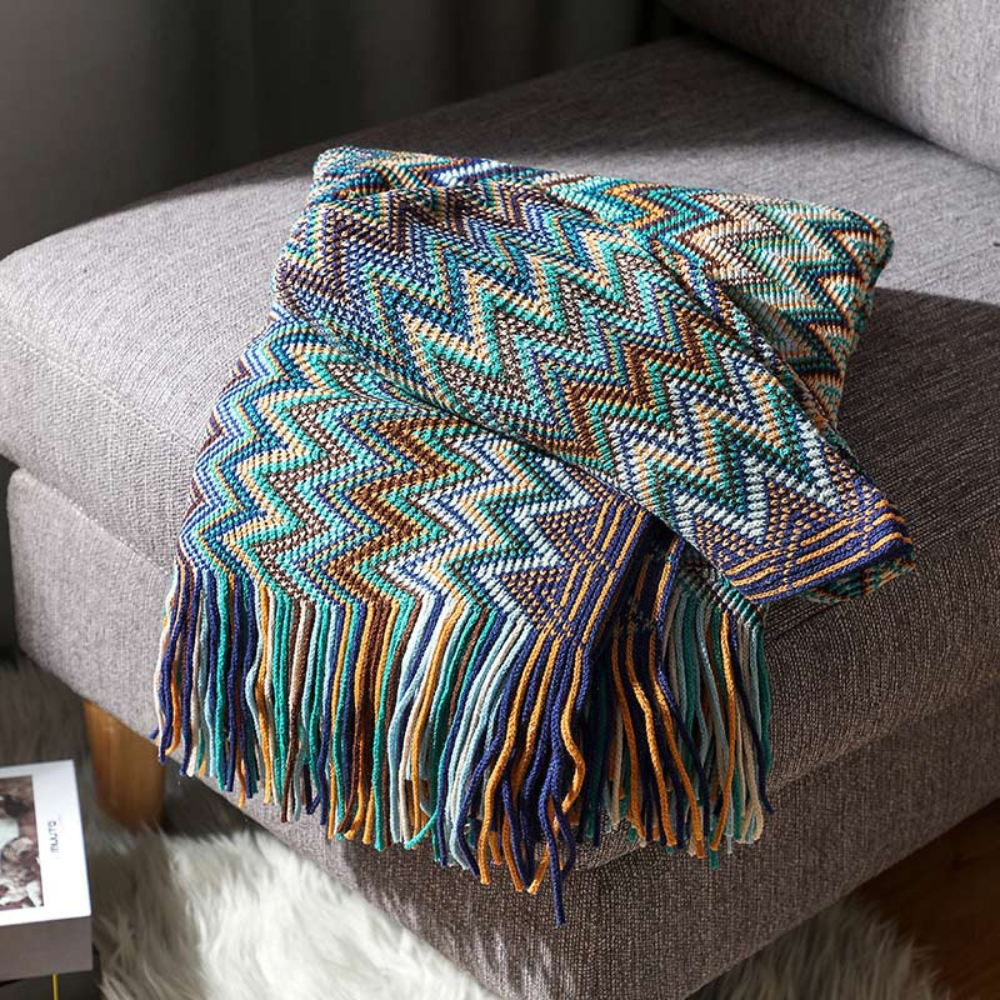 Chevron Knit Throw Blanket with Fringe Trim – Lightweight Acrylic for Year-Round Comfort | Thomler