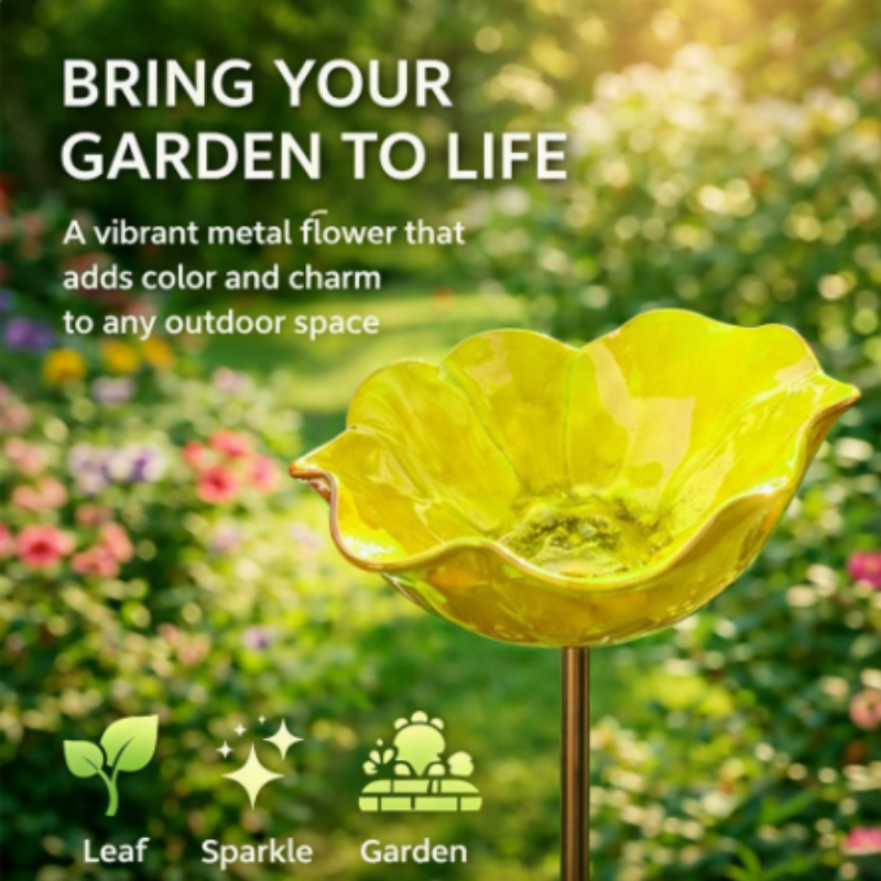 Metal Flower Stake Bird Bath for Garden, Yard & Patio – Decorative Pollinator Watering Station in 6 Colors | Thomler