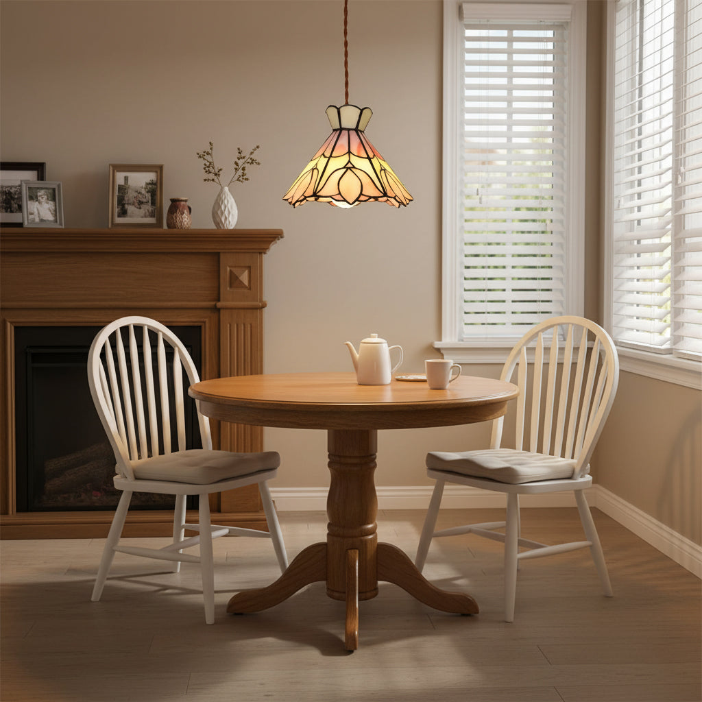 Pendant Light Stained Glass 7.8 in Pink Beige Floral Dining Room Hanging Lamp Decorative Ceiling Fixture | Thomler