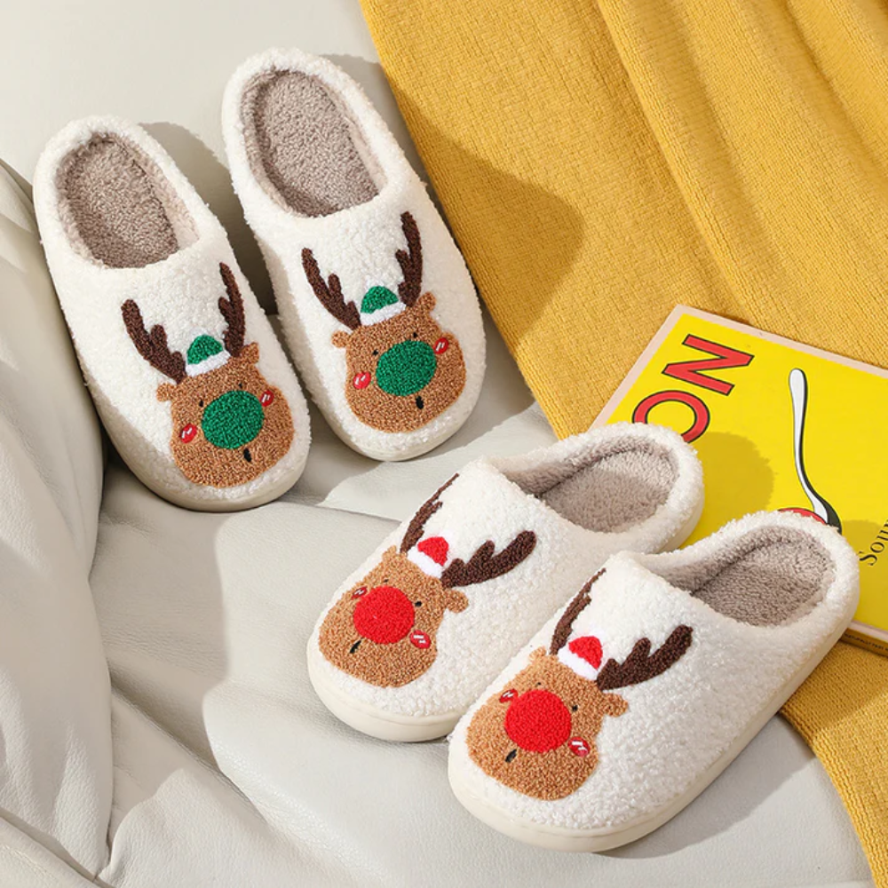 Holiday Reindeer Slippers – Plush Indoor House Shoes with Non-Slip Sole for Women & Men | Thomler