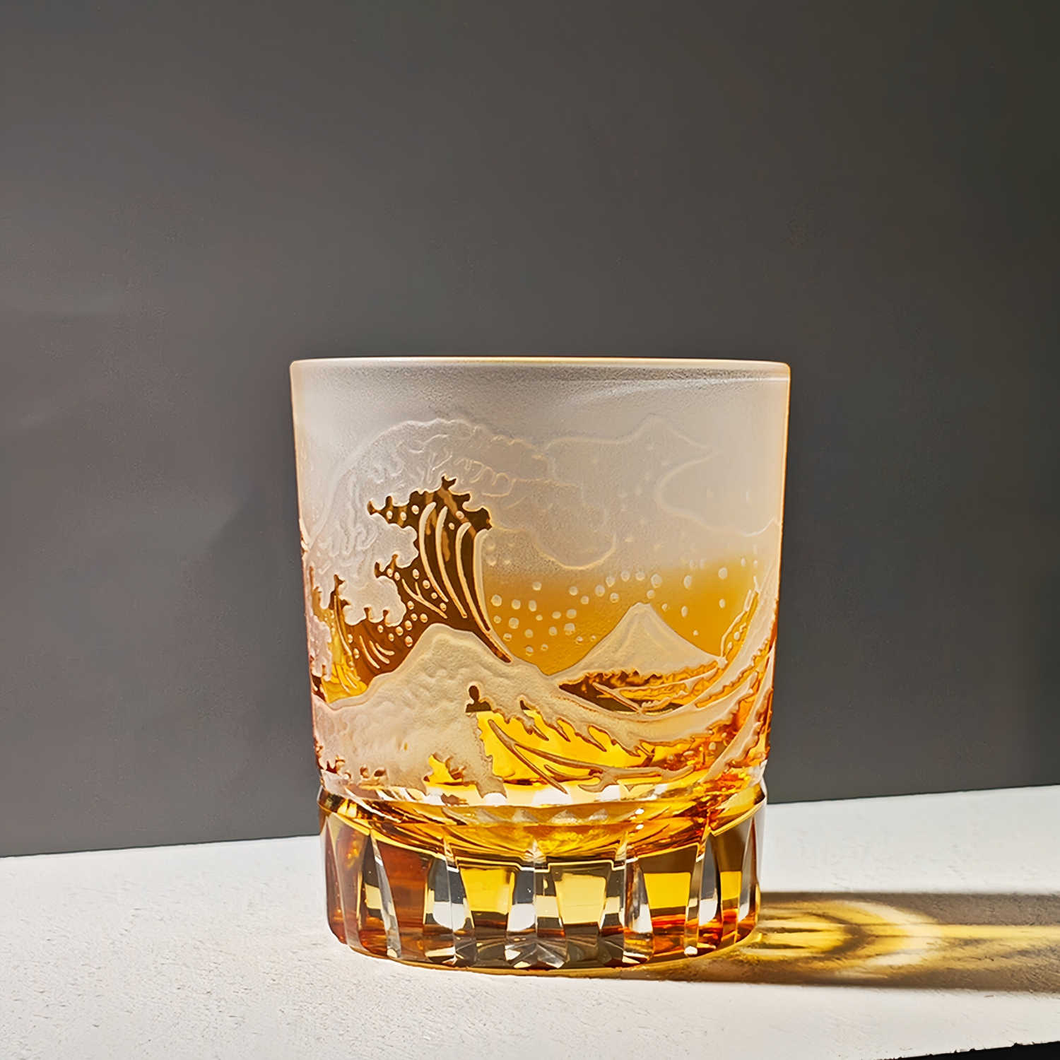 Japanese Wave Crystal Whisky Glass with Mt. Fuji Engraving in Golden or Blue Finish, Handcut Tumbler in Wooden Gift Box for Spirits and Bour | Thomler