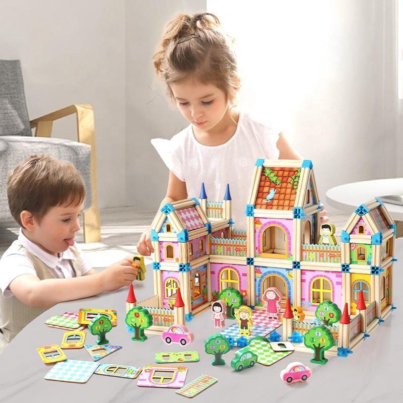Wooden Modular Dollhouse Construction Set – Creative Building Activity for Kids Age 2+ with Architectural Pieces, Doors & Windows | Thomler