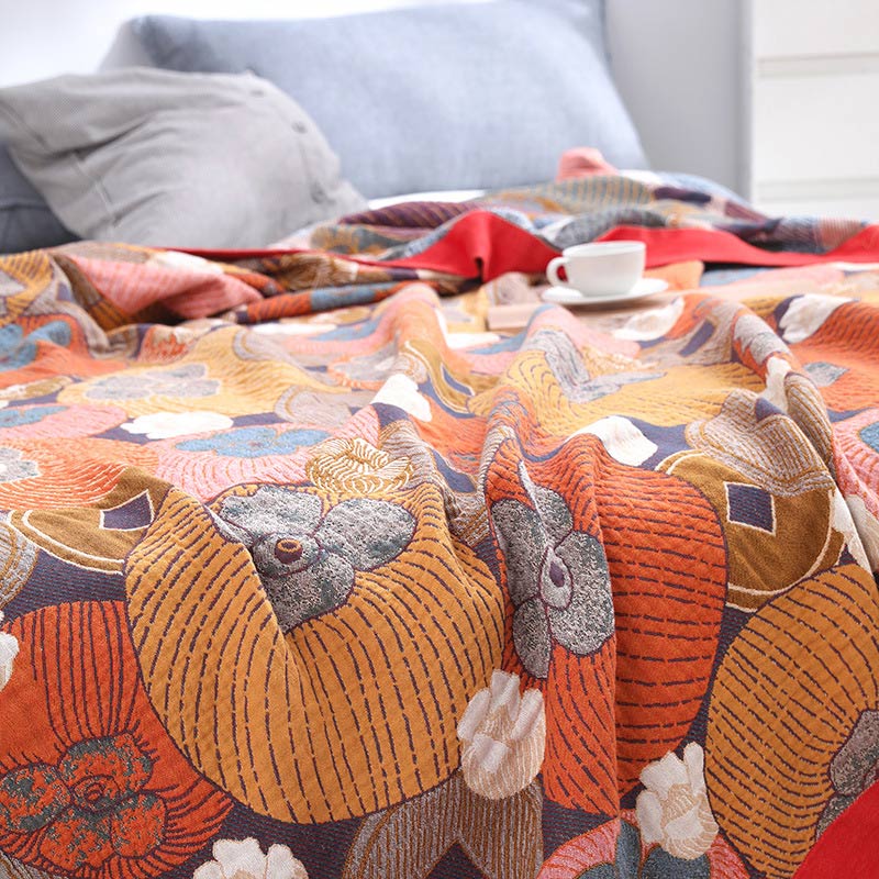 Reversible Cotton Gauze Quilt with Persimmon Pattern - Lightweight Summer Blanket for Bed, Sofa & Travel - Queen, King & Full Sizes | Thomler
