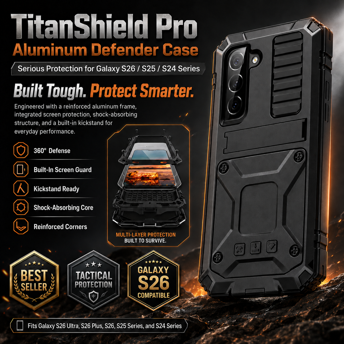 Aluminum Galaxy S26 Ultra Case with Screen Guard & Stand – Heavy Duty Shock Proof Cover for Samsung Galaxy S26 Plus, S26, S25 Ultra, S25 | Thomler