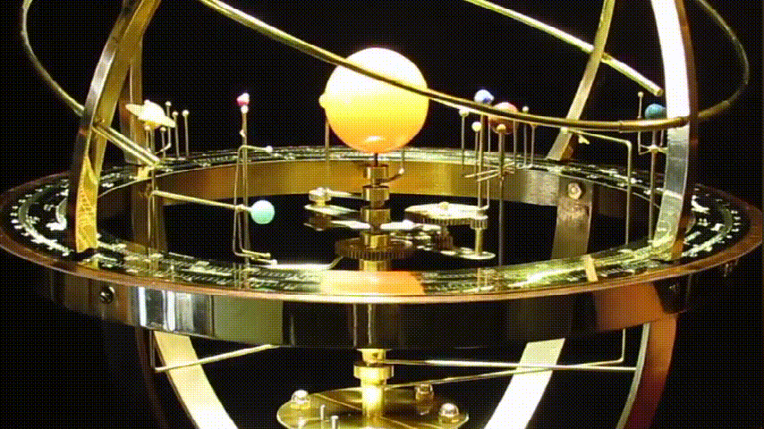 Brass Mechanical Solar System Model with Gemstone Planets & Moons Oak Base Moving Orbit Desk Orrery Educational Science Display Home Decor | Thomler