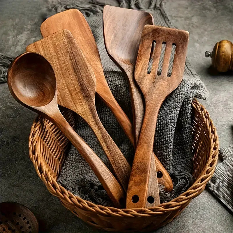 Natural Teak Wood Cooking Utensil Set for Kitchen & Dining | Eco-Friendly Solid Hardwood Spatula Spoon Tool Collection | Heat-Resistant | Thomler