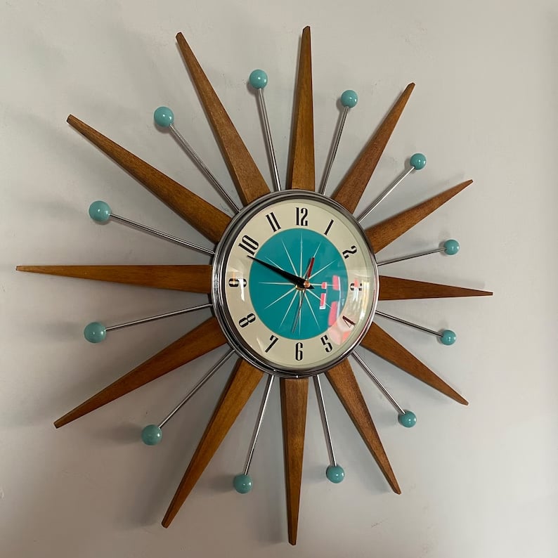 Handcrafted Sunburst Wall Clock Mid-Century Modern Design 16 Inch Silent Battery Operated Decorative Timepiece for Living Room Bedroom | Thomler