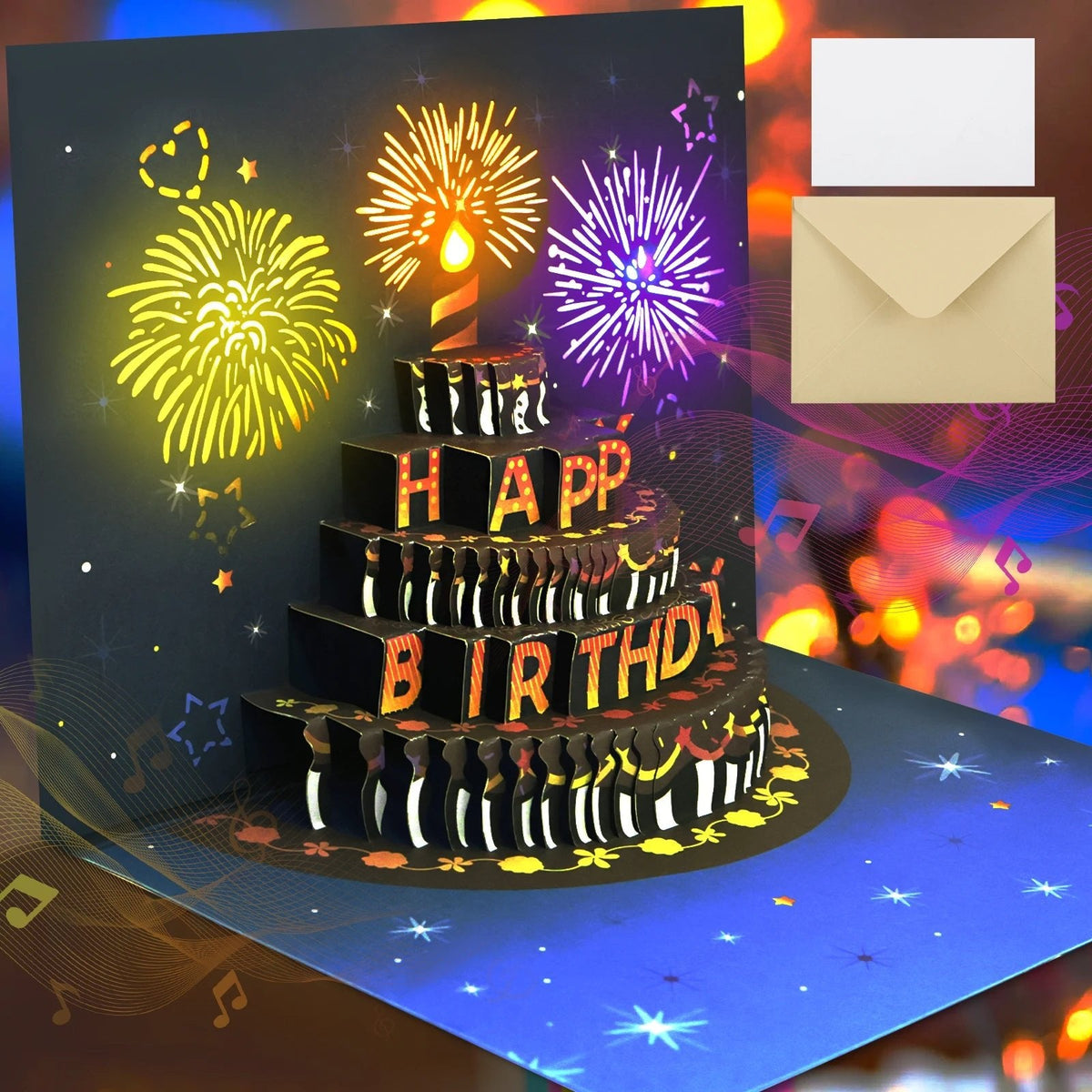 Interactive Musical Birthday Greeting Card with LED Lights & 3D Cake Pop-Up, Sound Effects & Envelope | Thomler