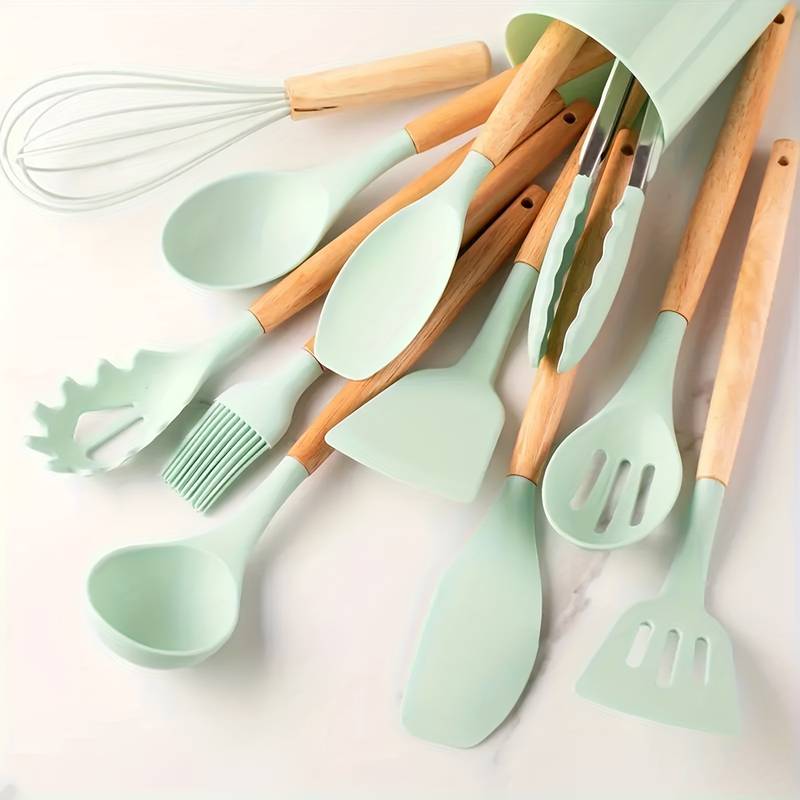 12-Piece Silicone Cooking Utensil Set with Wood Handles Heat Resistant Kitchen Tools for Nonstick Cookware Home Chef Spatula Spoon Whisk | Thomler