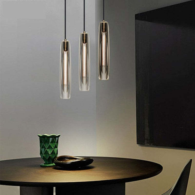 Pendant Light Glass Cylinder 15 in Adjustable Hanging Bedroom Dining Room Ceiling Fixture Modern Minimalist Lighting | Thomler
