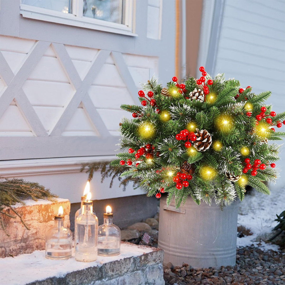 Illuminated Christmas Wreath with Stand for Planters & Holiday Display – 50 LED Lights & Timer | Thomler
