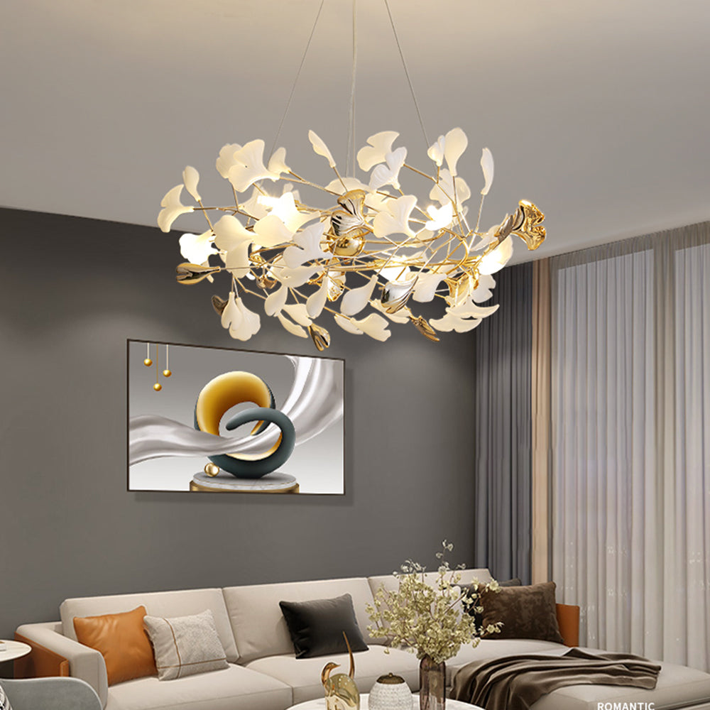 Ceramic Leaf Cluster Pendant Light with Adjustable Cord – Gold Metal Frame Multi-Bulb Chandelier for Dining Room, Living Room & Bedroom | Thomler