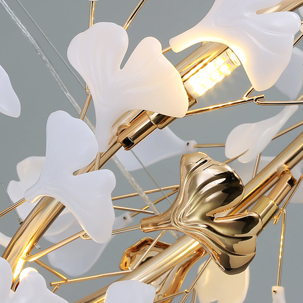 Ceramic Leaf Cluster Pendant Light with Adjustable Cord – Gold Metal Frame Multi-Bulb Chandelier for Dining Room, Living Room & Bedroom | Thomler