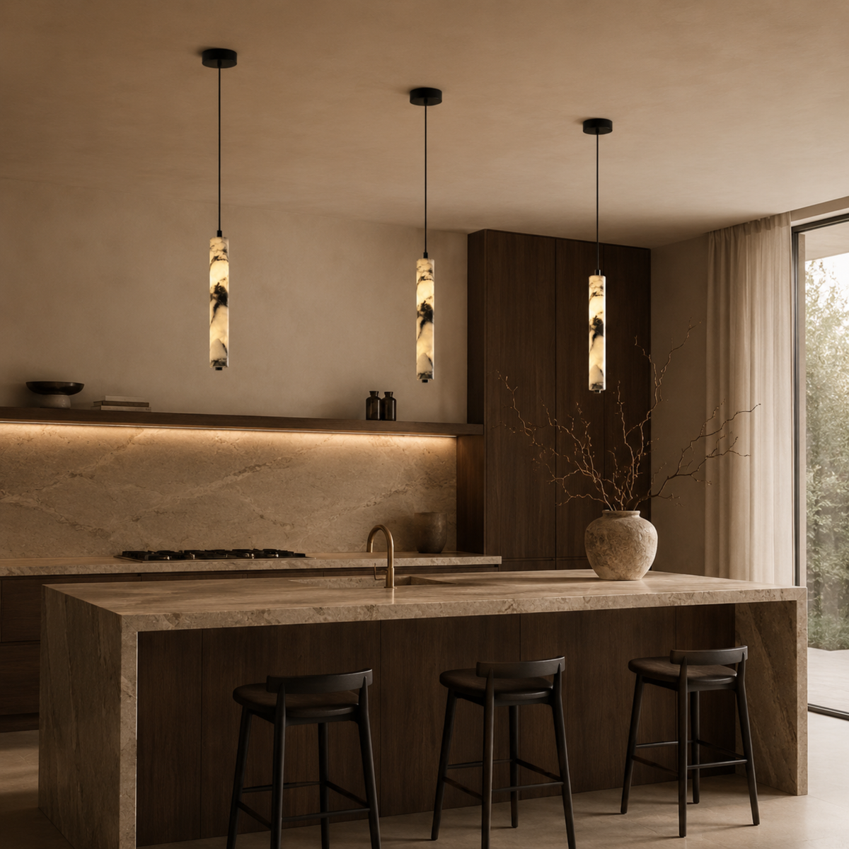 Carved Stone Cylinder Hanging Lamp – Real Natural Material with Warm Ambient Glow for Dining & Bedroom | Thomler