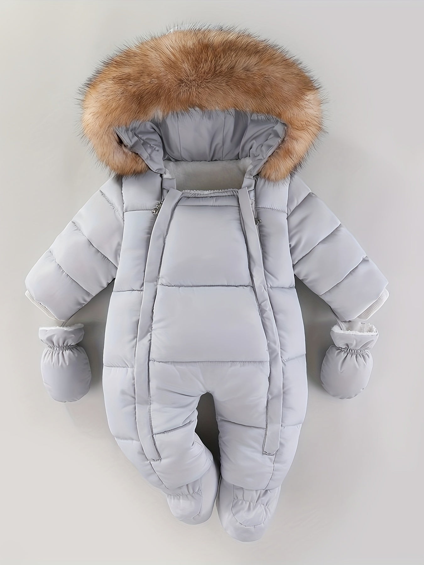 Baby Romper Polyester Cotton Padded Hooded Winter Snowsuit Grey Outdoor Newborn Pram Suit With Hand Warmers | Thomler