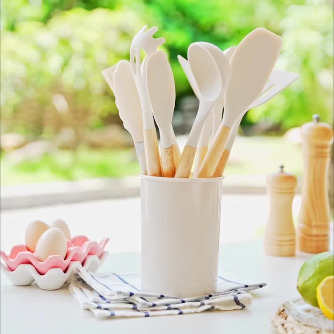 12-Piece Silicone Kitchen Utensil Set with Wooden Handles – Heat Resistant to 446°F, Dishwasher Safe, BPA-Free Cooking Tools | Thomler
