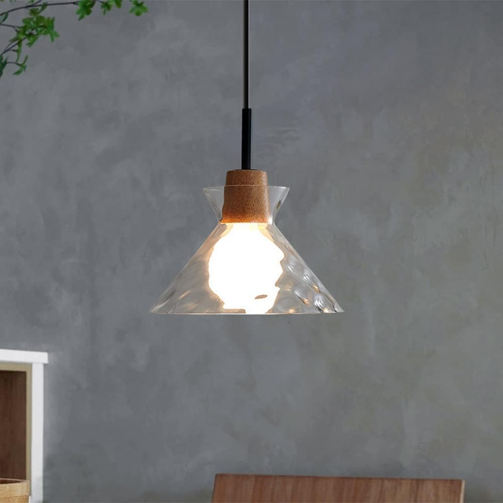 Pendant Light Glass Wood 10.6 in Adjustable Dining Room Kitchen Island Hanging Ceiling Lamp Scandinavian Minimalist Clear Shade | Thomler