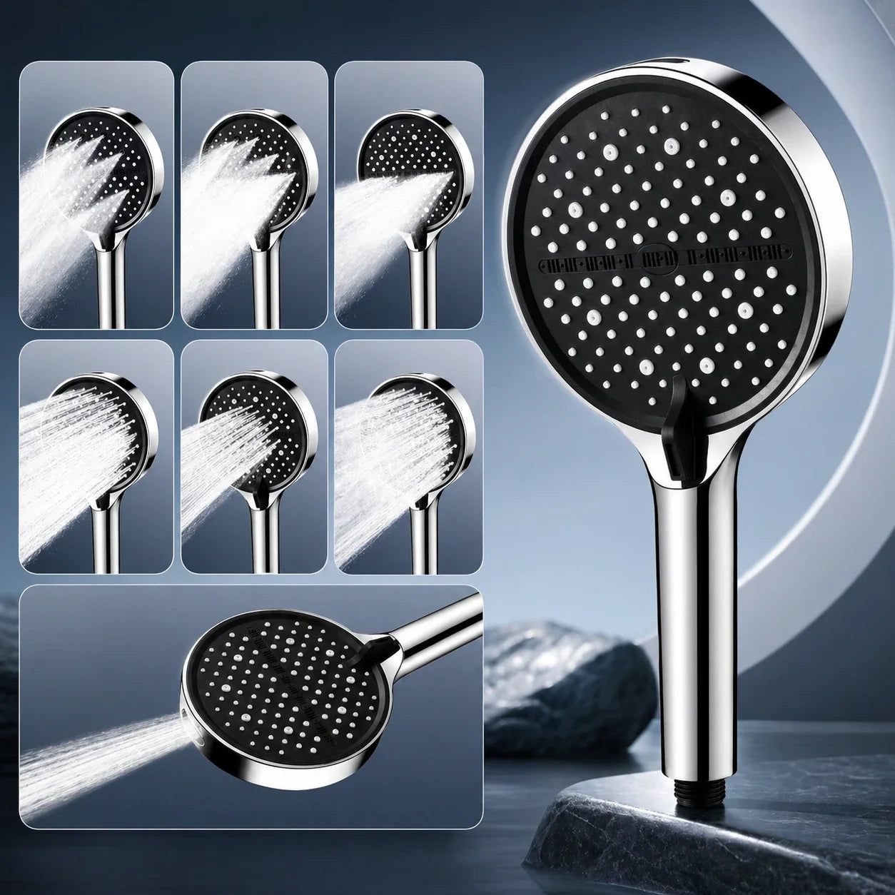Handheld Shower Head with 7 Spray Settings, High Pressure Chrome Rainfall Showerhead for Bathroom, Adjustable Water Flow Wand for Low | Thomler