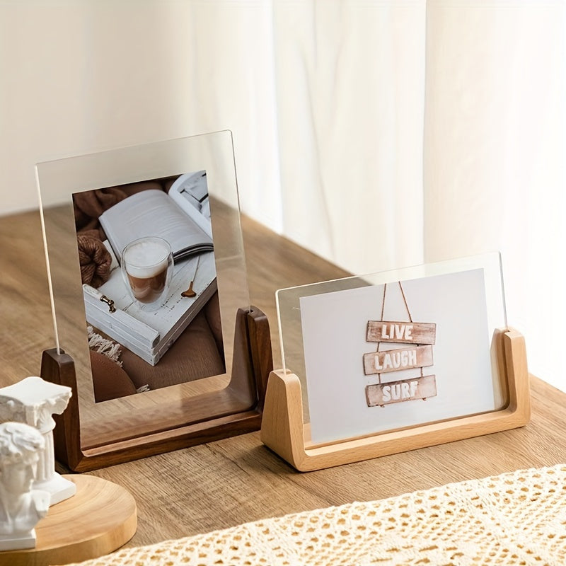 Clear Acrylic Photo Display Stand with Wood Base – Portrait or Landscape Picture Holder for Desk, Shelf, Bedroom Decor | Thomler
