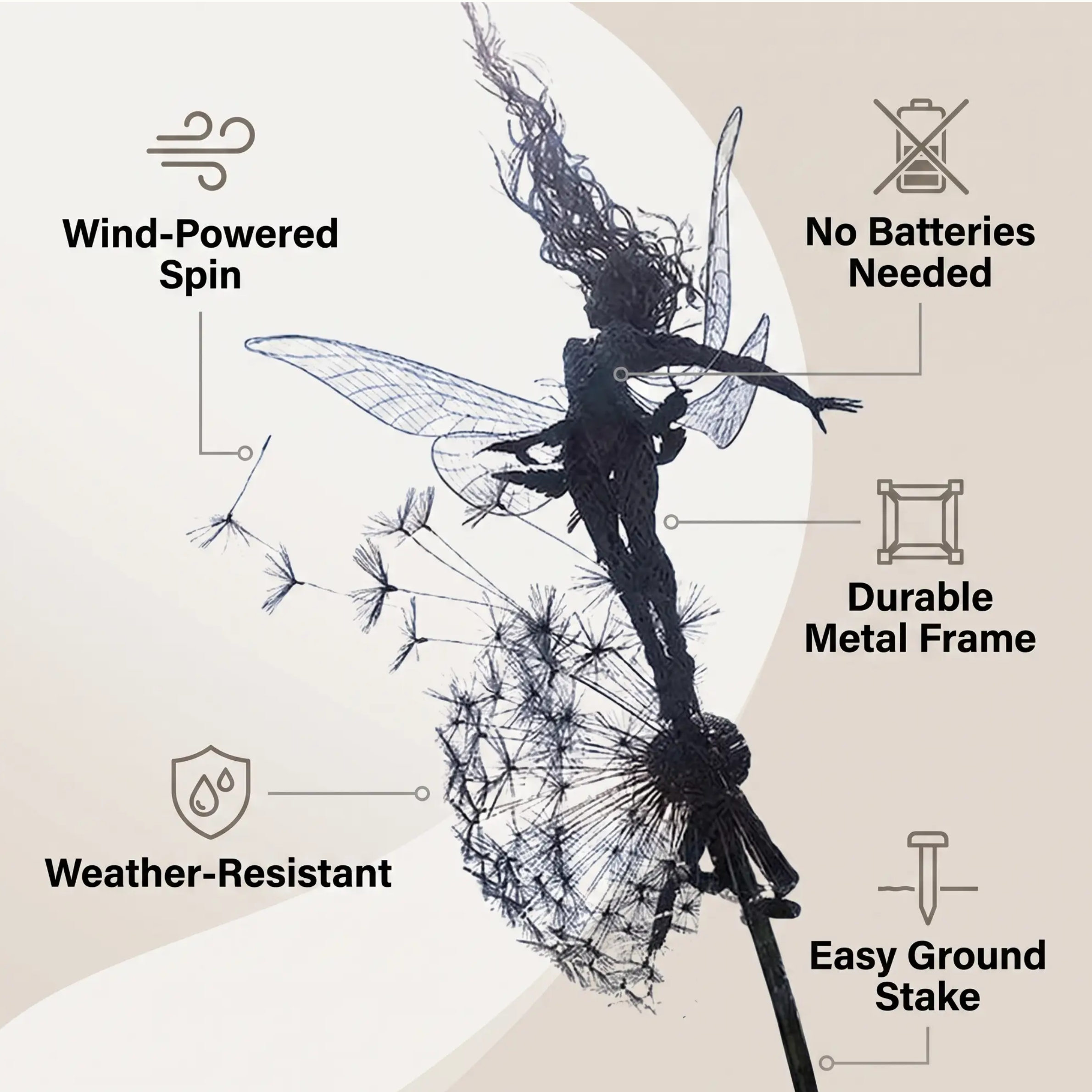 Spinning Fairy Garden Stake Wind Spinner Metal Dandelion Yard Art Outdoor Decor for Flower Beds Patio Lawn Pathways Whimsical Sculpture with | Thomler