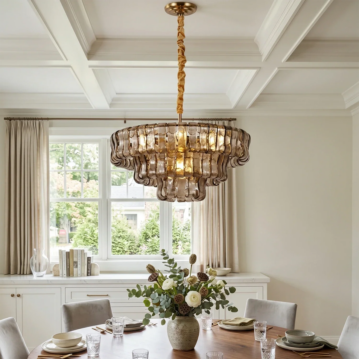 Textured Glass Round Chandelier with Curved Panels in Metallic Finish for Dining Room & Living Room | 24 to 60 Inch | Thomler