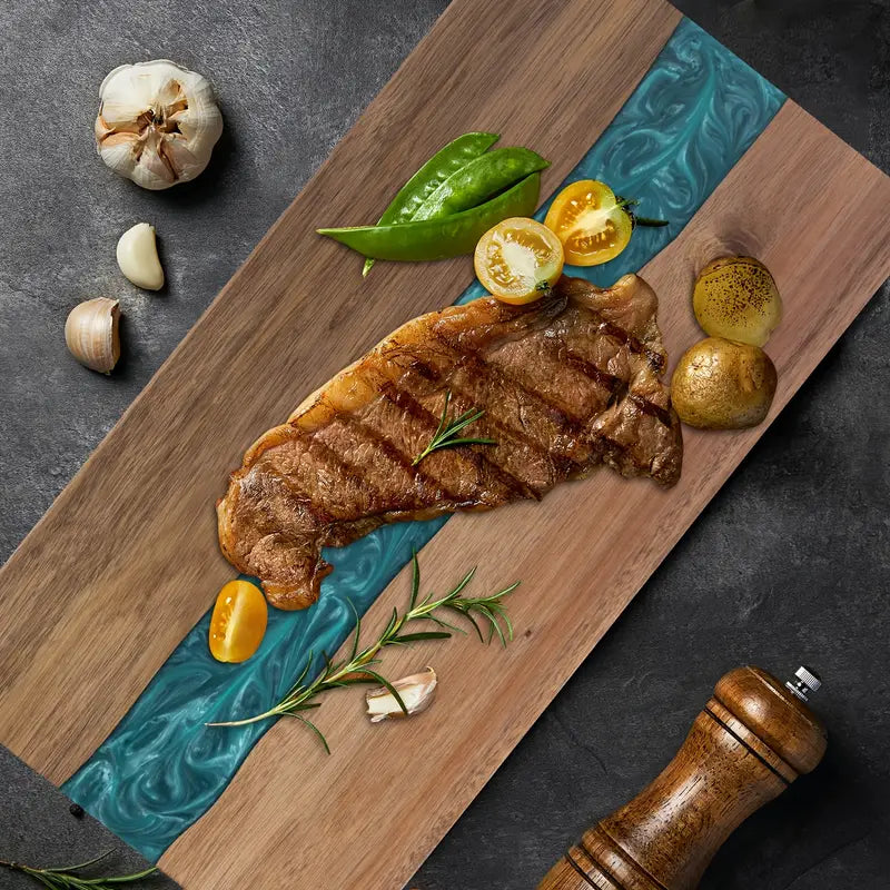 Acacia Wood Serving Board with Blue Resin River Design 18x9 Inch Charcuterie Platter Butcher Block Cutting Surface for Cheese Meat Bread | Thomler