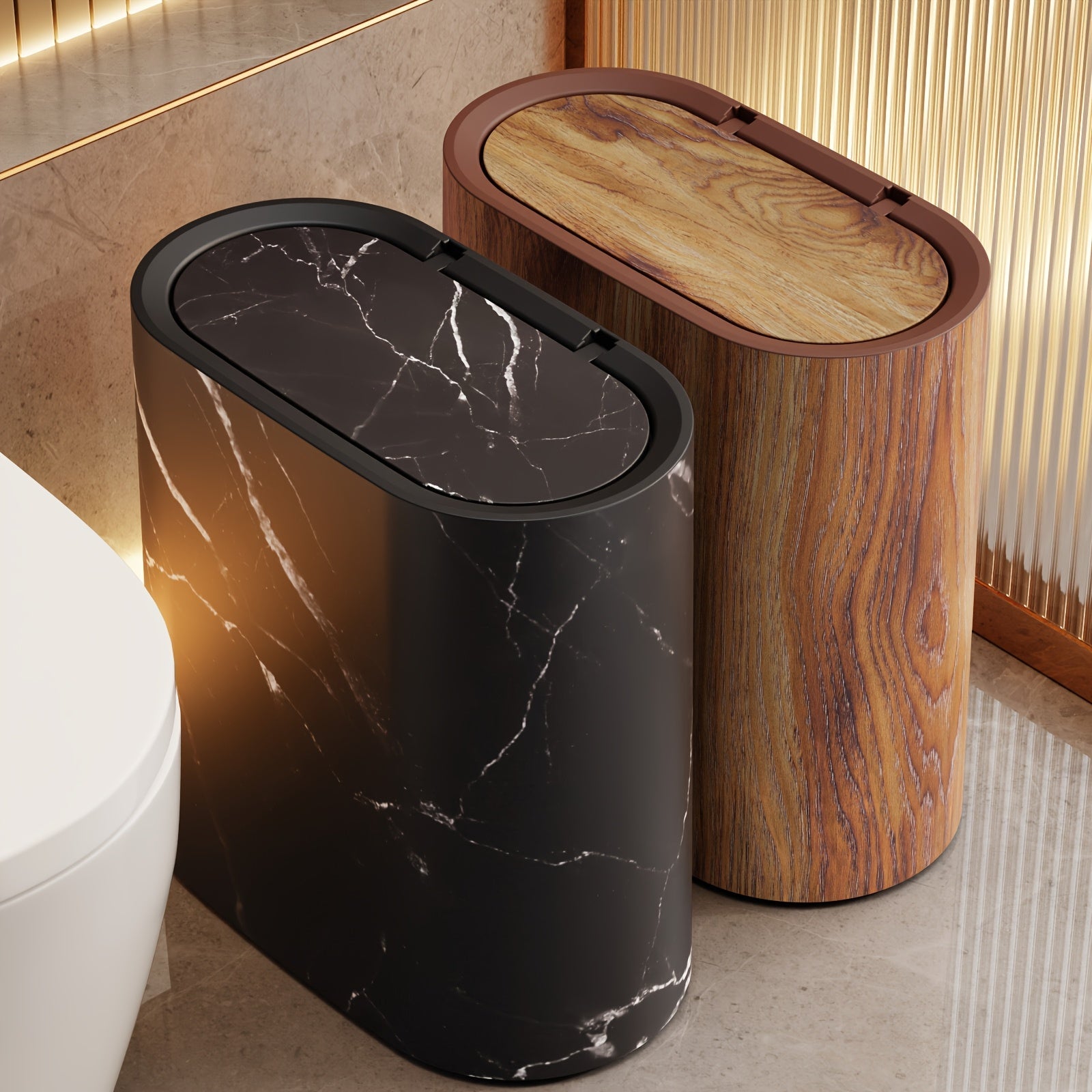 Waste Basket with Hinged Lid for Small Spaces – Oval Desktop Garbage Can for Bathroom, Bedroom, Office & Vanity | Thomler