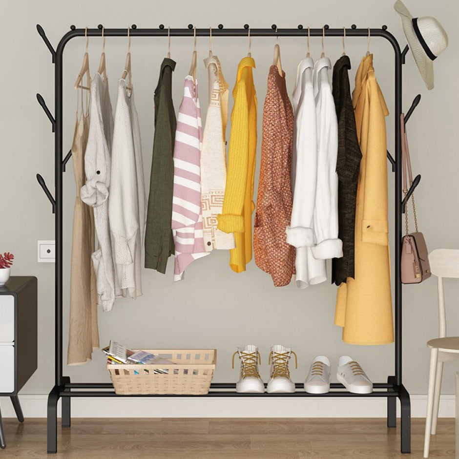 Coat Rack Steel 150.0 cm x 110.0 cm Hallway Bedroom Storage Organiser Freestanding Garment Rail With Hooks And Shelves | Thomler