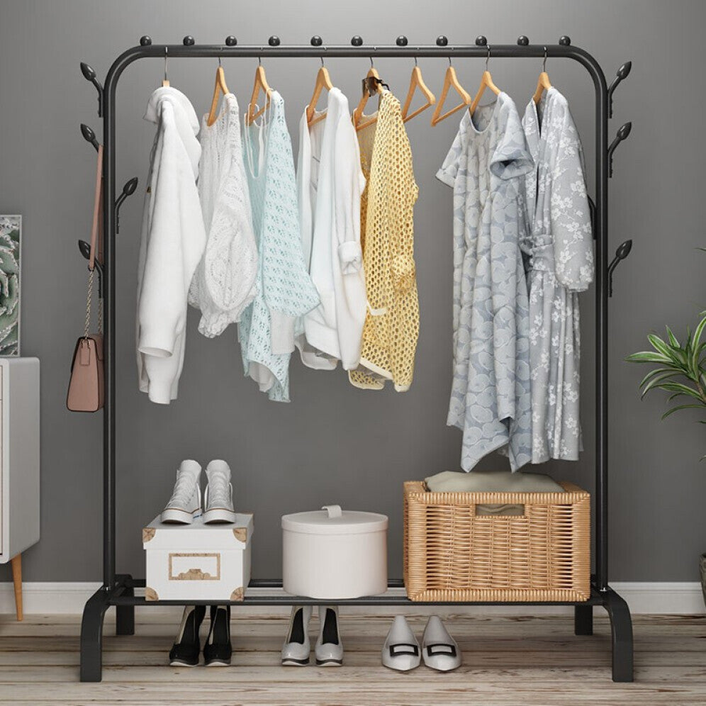 Coat Rack Steel 150.0 cm x 110.0 cm Hallway Bedroom Storage Organiser Freestanding Garment Rail With Hooks And Shelves | Thomler