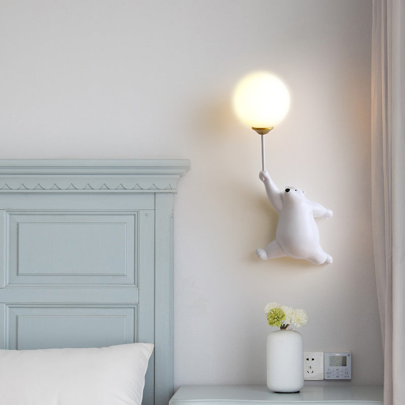 Bear with Balloon Wall Sconce Light for Kids Room Nursery Bedroom Playroom Resin Animal Design Accent Lighting White Blue Pink | Thomler