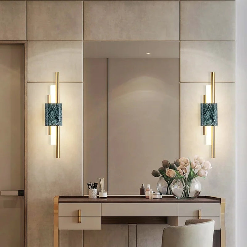 Modern Linear Wall Sconce with Marble Accents – Metal Construction, Warm LED Lighting for Bedroom & Living Room | Thomler