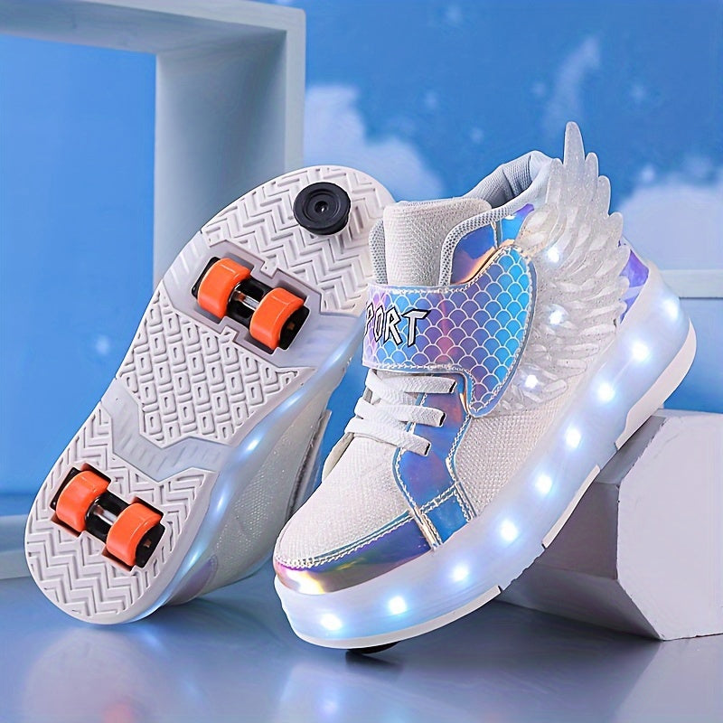 LED Light-Up Roller Skate Sneakers with Wings USB Rechargeable for Girls Kids Teens Boys Outdoor Sports Shoes Wheeled Footwear | Thomler