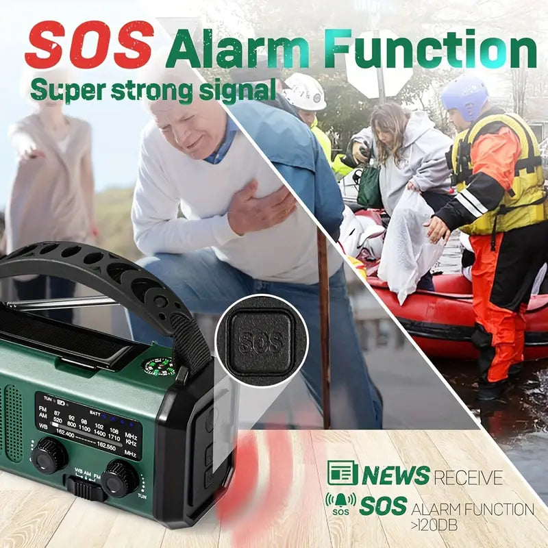 Emergency Hand Crank Weather Radio with 10000mAh Power Bank, Solar Charging, LED Flashlight, SOS Alarm for Camping Hiking Storms Blackouts | Thomler