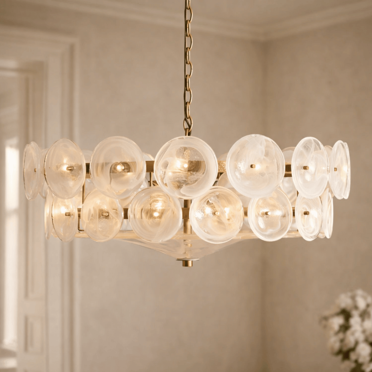 Ring Pendant Chandelier with Layered Glass Discs for Dining Room & Living Room – Adjustable Height Fixture | Thomler