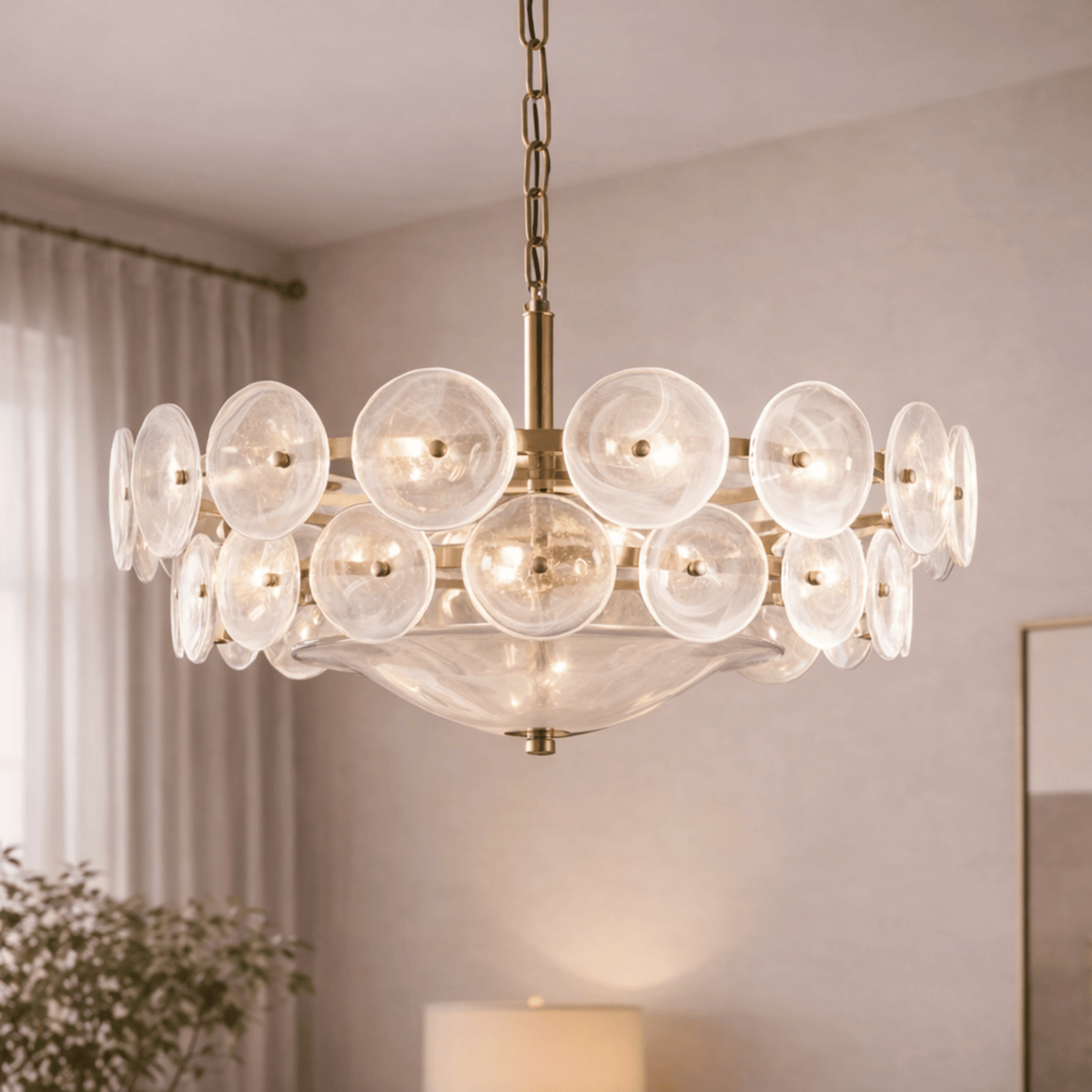 Ring Pendant Chandelier with Layered Glass Discs for Dining Room & Living Room – Adjustable Height Fixture | Thomler