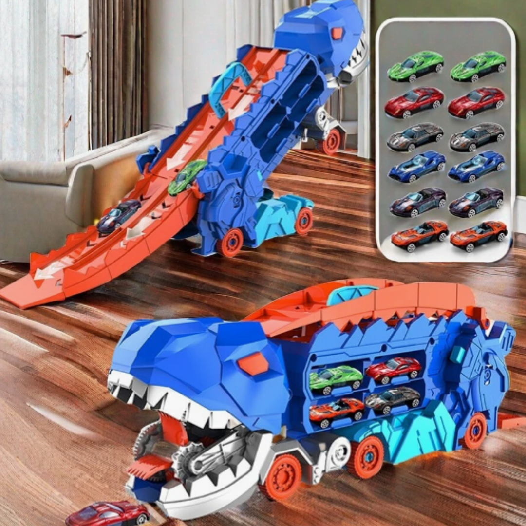 Dinosaur Carrier Truck with Race Track & Die-Cast Cars for Kids - 3-in-1 Transforming T-Rex Hauler for Boys & Girls | Thomler