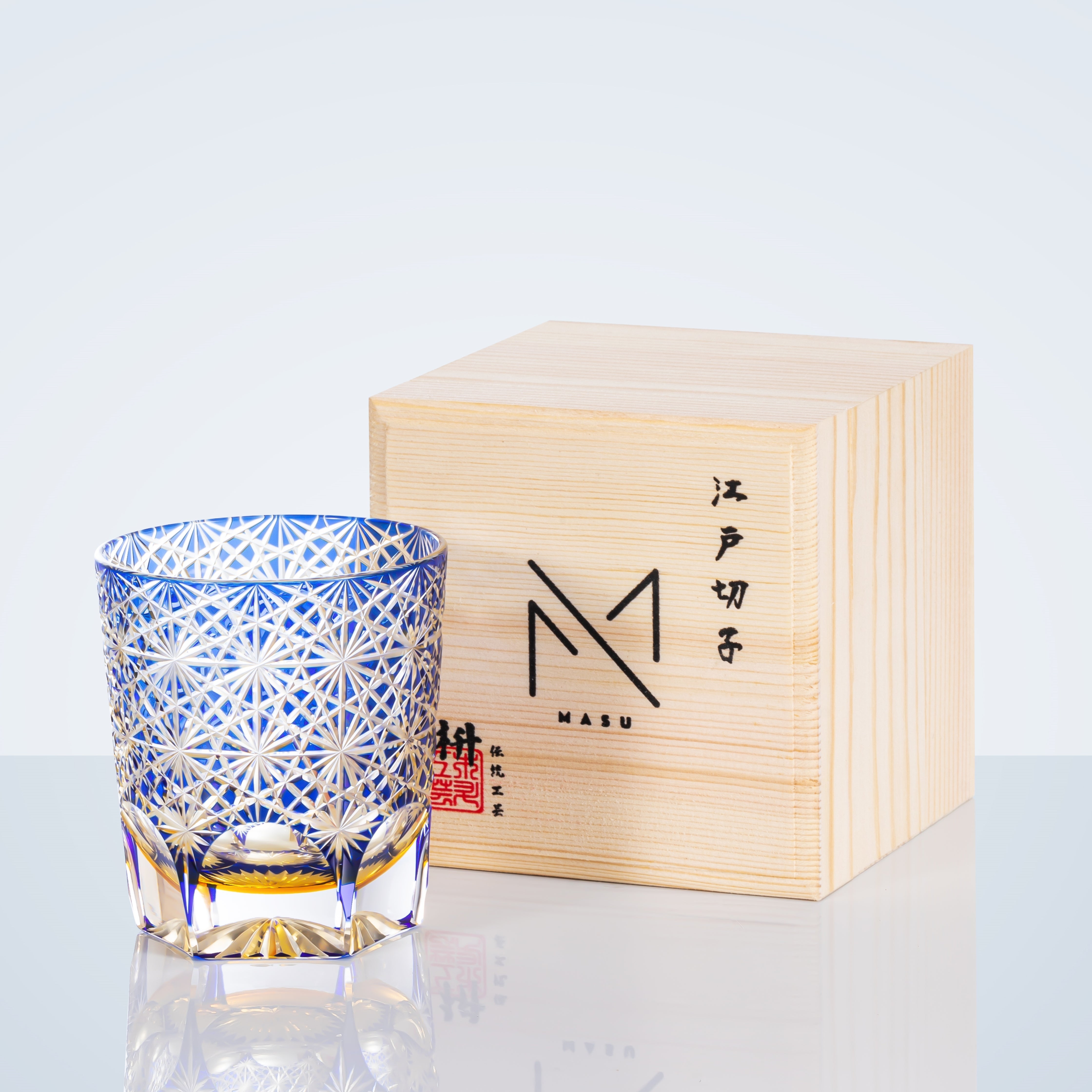 Whiskey Glass Handmade Cut Glass Blue Amber Japanese Whisky Tumbler Gift Collectible Barware Wooden Box | Thomler