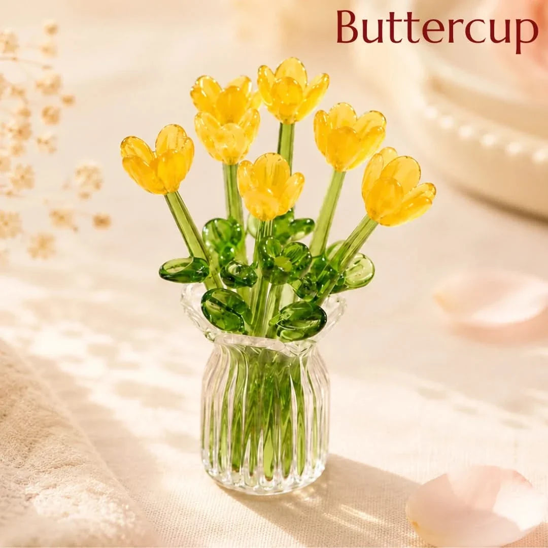 Handblown Glass Flower Display – 7-Bloom Arrangement with Mini Vase – Forever Florals for Shelves & Tabletops | Thomler