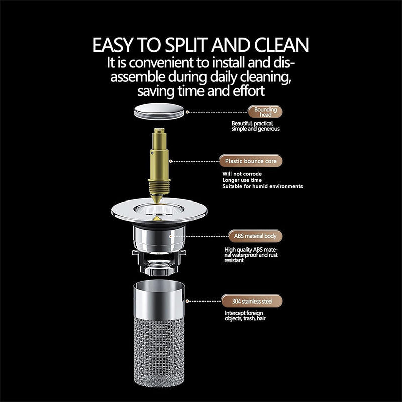 Pop-Up Bathroom Drain Filter with Hair Trap for Washbasin & Shower – Brass Core, Stainless Steel Basket, Universal Fit 1-1.2" Drains | Thomler