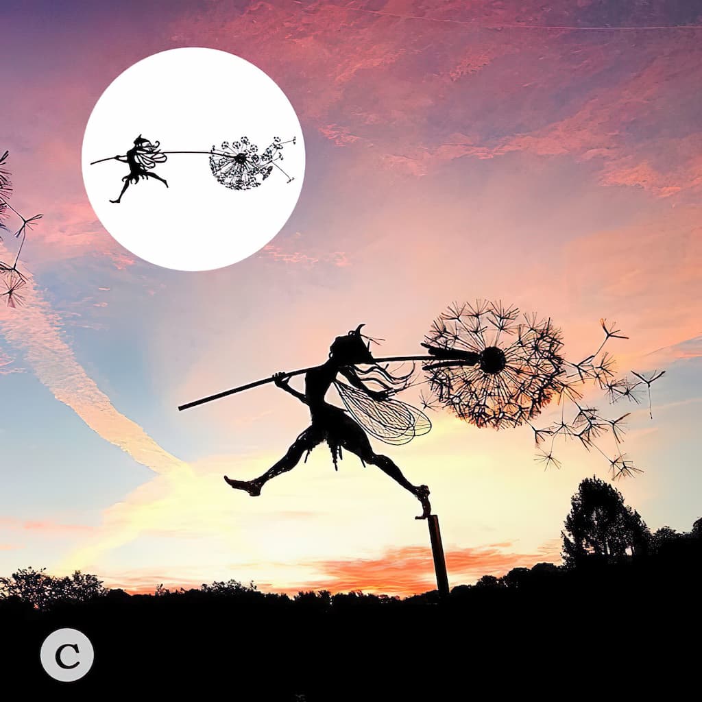 Metal Fairy Garden Stake with Dandelion Silhouette – Whimsical Outdoor Yard Art, Weather-Resistant Lawn Ornament for Flower Beds & Walkways | Thomler