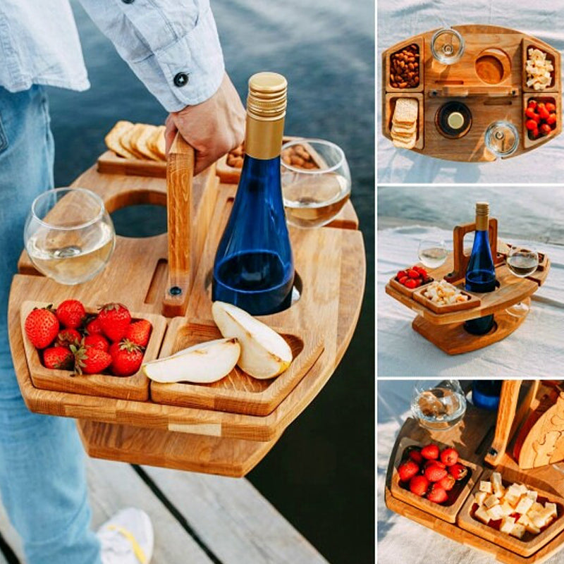 Portable Wooden Wine Table for Picnics – Holds Bottle, Glasses & Snacks for Outdoor Dining, Beach Trips, Garden Parties | Thomler
