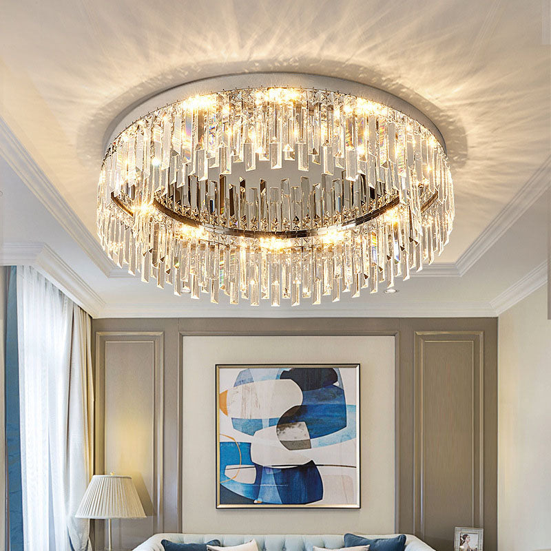 Ceiling Light Stainless Steel 19.7 in Round Chrome Flush Mount Living Room Bedroom Dining Room Fixture Modern Crystal Chandelier | Thomler