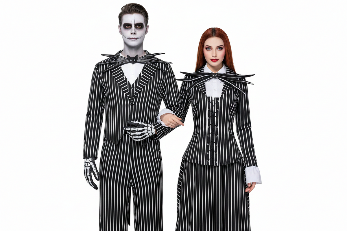 Pinstripe Pumpkin King Full Character Outfit – Adult Halloween Party Suit with Signature Bow & Skeleton Mask for Cosplay & Holiday Events | Thomler
