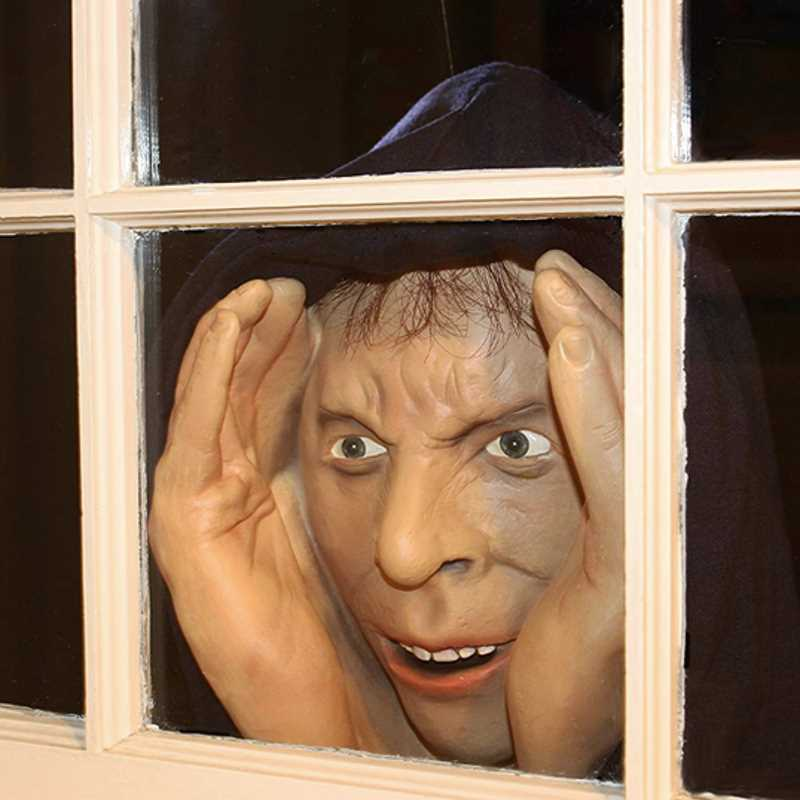 Eerie Hooded Face Window Cling with Cupped Hands – Life-Size Peeping Stranger Prop for Halloween Pranks & Home Scares | Thomler