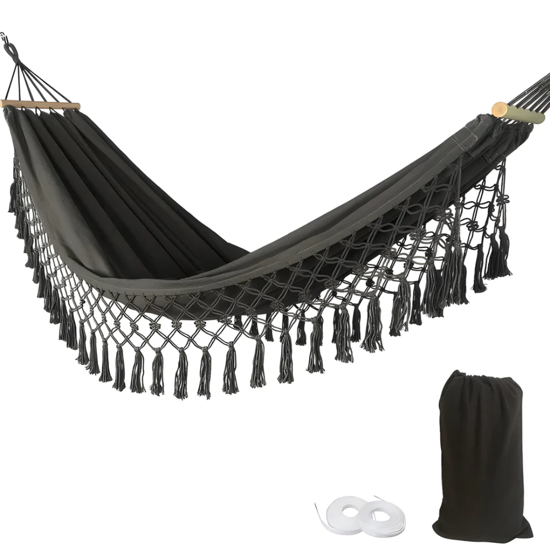Cotton-Blend Hammock with Wood Spreader Bar for Patio, Yard & Balcony – Boho Lounge Swing | Thomler