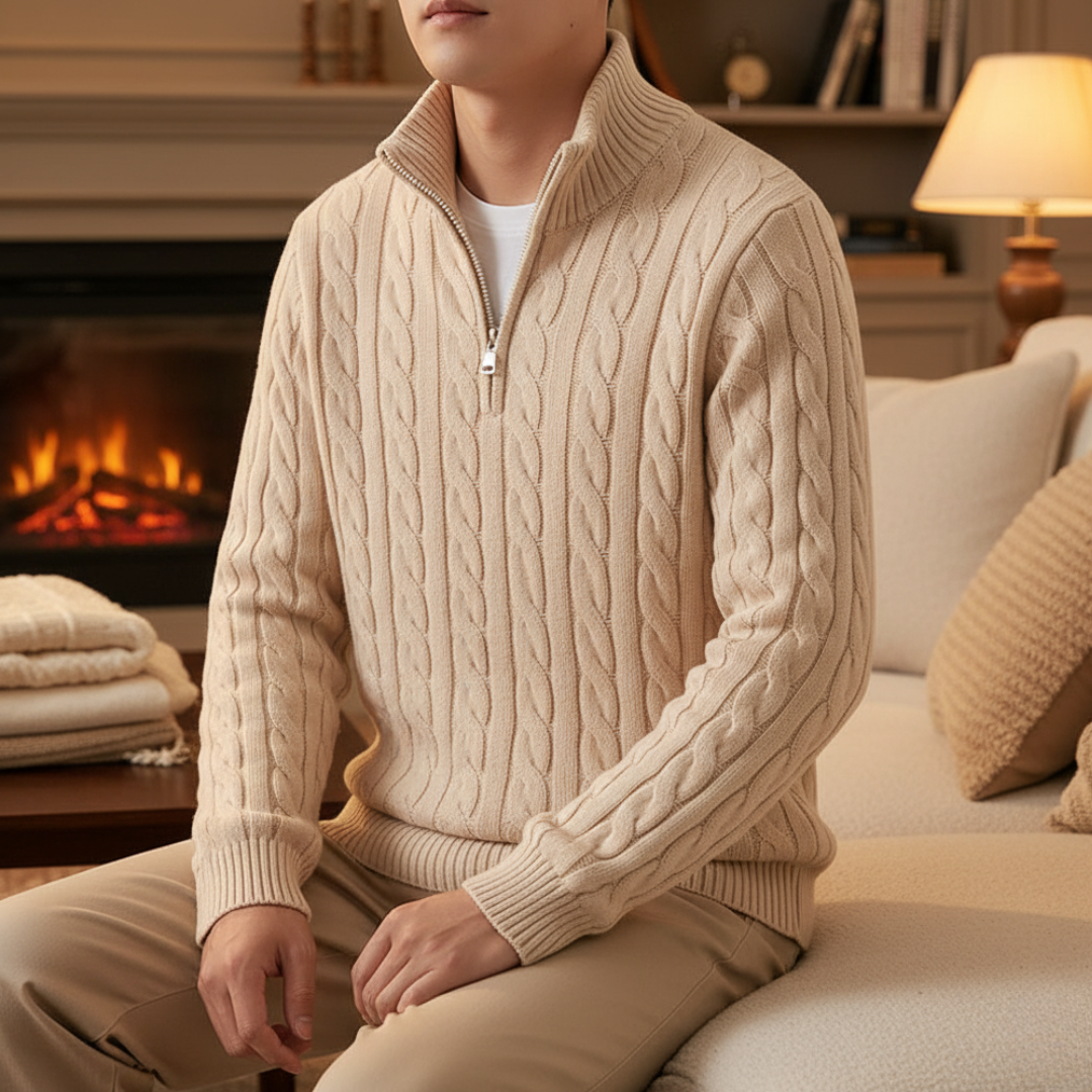 Cable-Knit Quarter-Zip Sweater for Men – 100% Cotton Stand-Collar Pullover for Fall & Winter | Thomler