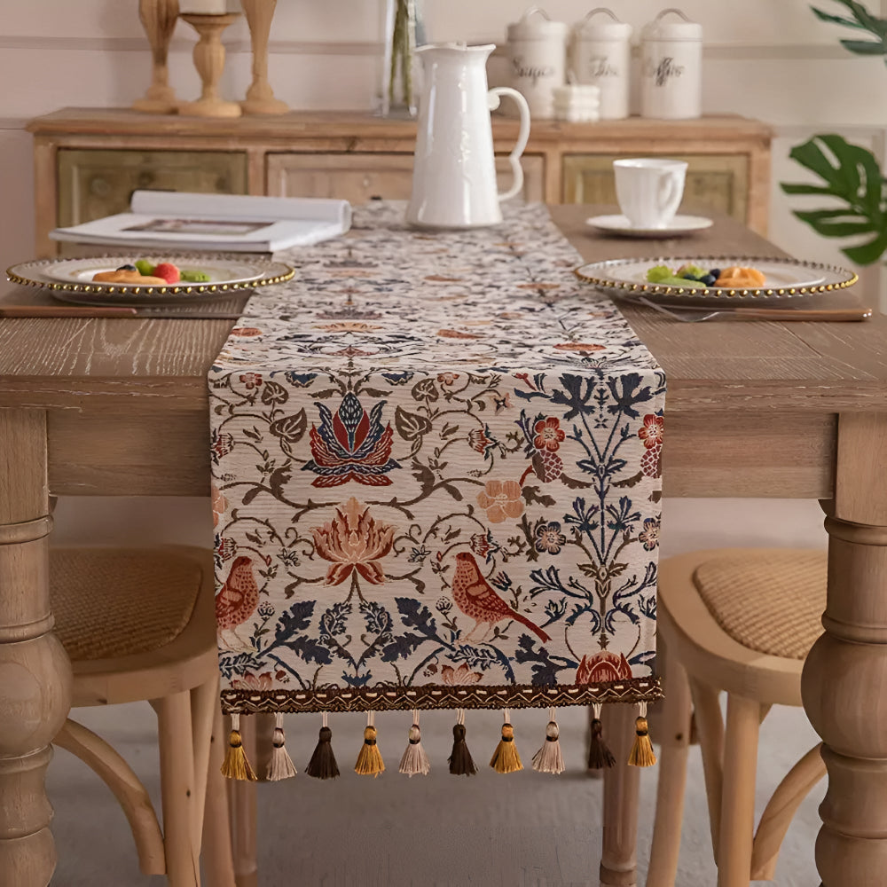 Woven Jacquard Table Runner with Tassels - Floral Bird Pattern for Dining & Coffee Tables - Vintage Countryside Design - Tassel Trim | Thomler