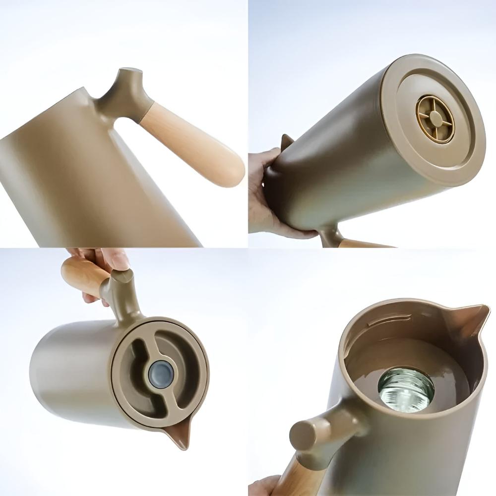 Thermos Flask Stainless Steel 1.0 L Beige Wooden Handle Kitchen Coffee Tea Hot Cold | Thomler